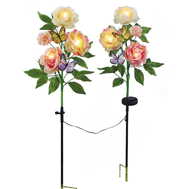 Collections Etc Solar Blooming Peonies and Butterflies Garden Stakes - Set of 2 11 X 5 X 34.5, 1 of 3