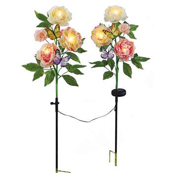 Collections Etc Solar Blooming Peonies and Butterflies Garden Stakes - Set of 2 11 X 5 X 34.5