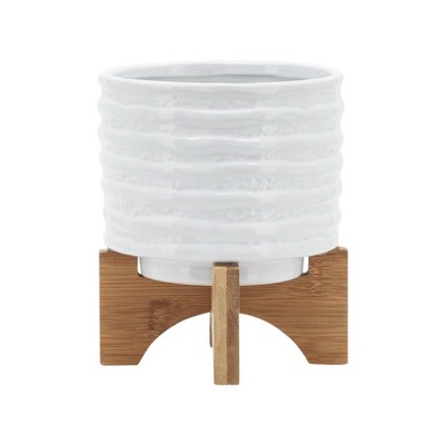 Elegant White Stripe Ceramic Planter with Wooden Stand, 6"x8"