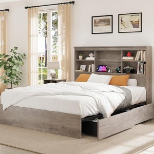 GustoWave Bed Frame with High Storage Bookcase Headboard, Built in Charging Station - 1 of 4