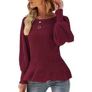 Coolmee Women's Fall Puff Sleeve Peplum Casual Slim Fit Knit Pullover Sweater Jumper Tops - 1 of 4