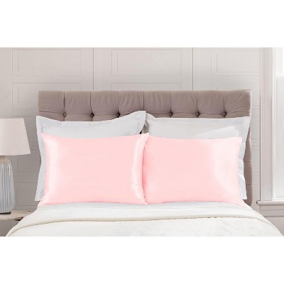 Standard Pink Satin Polyester Pillowcase Set with Zipper