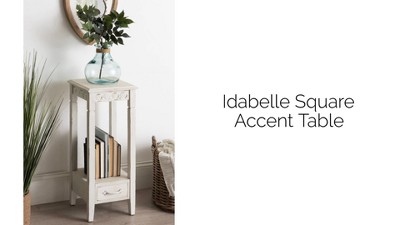 Soft White Farmhouse Wood Accent Table with Metal Skirt