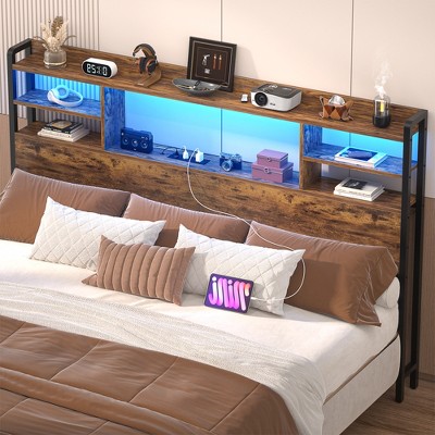 Besiost Headboard with Storage shelves and Charging Station, Wood Headboard with LED Light