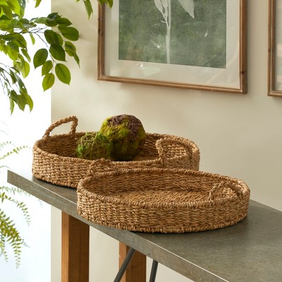 Natural Seagrass Round Decorative Trays with Handles