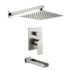Cobbe Wall Mount Shower Kit with 10-Inch Square Shower Head Bathtub Spout 15.74-Inch Shower Arm and Valve Single Handle Brushed Nickel - 1 of 4