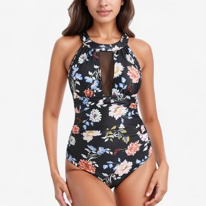 Anna-Kaci Swim Women's Halter Neck One Piece Swimsuit with Keyhole Front Detail and Floral Patterned Bodice - 1 of 4