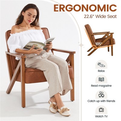 Light Brown Faux Leather Accent Chair with Wood Frame