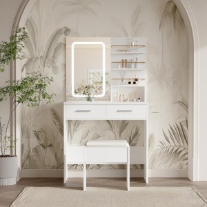 Vanity Desk with Mirror and Lights, Makeup Vanity with 2 Drawers & Open Storage Shelves, Cabinet, Bedroom Dressing Table - 1 of 4