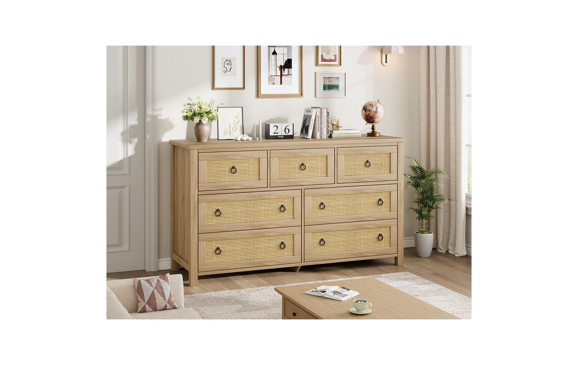 7 Drawer Dresser for Bedroom, 54'' Wide Rattan Dresser, Chest of Drawers, Wooden Dresser Chest with Clothes Storage Cabinet, Drawer Organizer