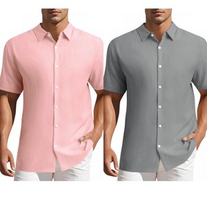 INSPIRE CHIC Men's Summer Point Collar Short Sleeves Button Down Linen Shirts 2 Packs - 1 of 4