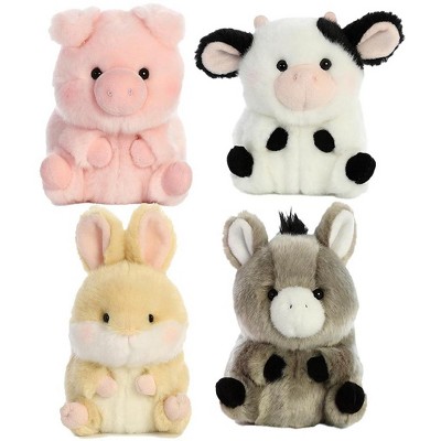 Aurora Rolly Pets Farm Plush Bundle – Bray Donkey, Daisy Cow, Lively Bunny & Prankster Pig, 5″ Each, 4‑Pack