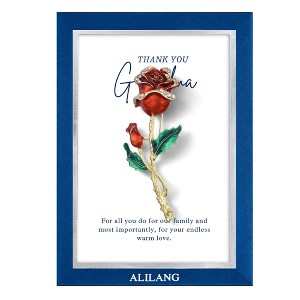 Anna-Kaci Red Rose Flower Enamel Gold Tone Stem Brooch Pin Clear Rhinestones with Family or Friend Gift Message Card & Envelope - 1 of 4