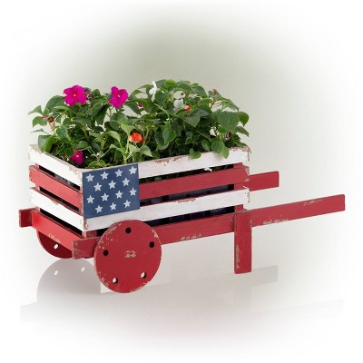 21" Rustic Red and White Wooden Wheelbarrow Planter