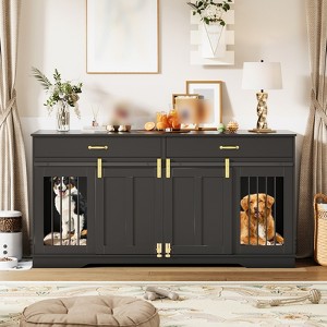 71" Dog Crate Furniture for 2 Dogs, Chew-Resistant Double Dog Kennel with 2 Drawers &  Sliding Doors, Wooden TV Stand End Table for Living Room - 1 of 4