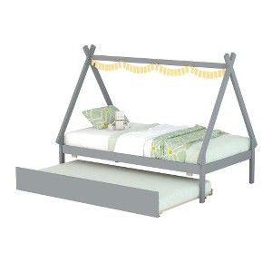 Twin Size Tent Floor Bed Frame, House Top Bed With Trundle, Pull Out Bed, Easy Assembly, Slat Mattress Foundation, No Box Spring Needed - 1 of 4
