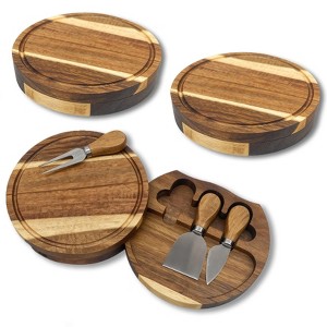 EcoSummer 3 Pack Mini Charcuterie Boards 7.7" Round Acacia Wood Cheese Set with Knife & Fork Gift Box. - 1 of 4