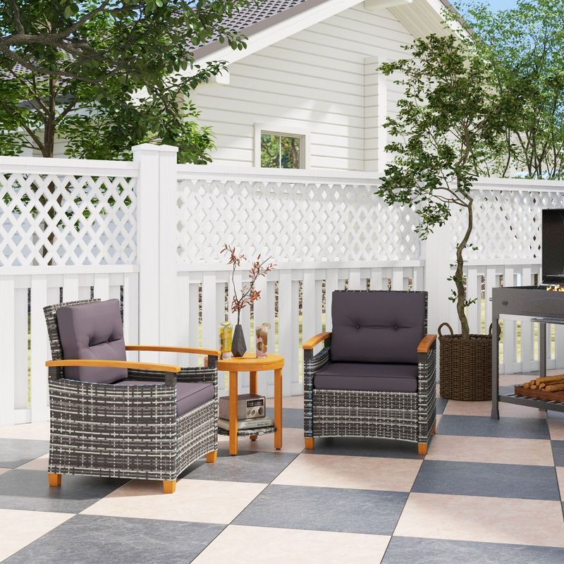 Outsunny 3 Pieces Patio Bistro Set Wooden with Cushions, PE Wicker Patio Furniture Outdoor for Porch, Backyard, Garden, Gray, 3 of 7