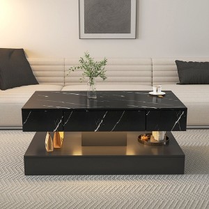 Kumasinova 16.9" Chic 2-Tier LED Coffee Table with Drawer,Modern Stone Grain Center Table for Living Room,PB&MDF Cocktail Table with RGB Lights - 1 of 4