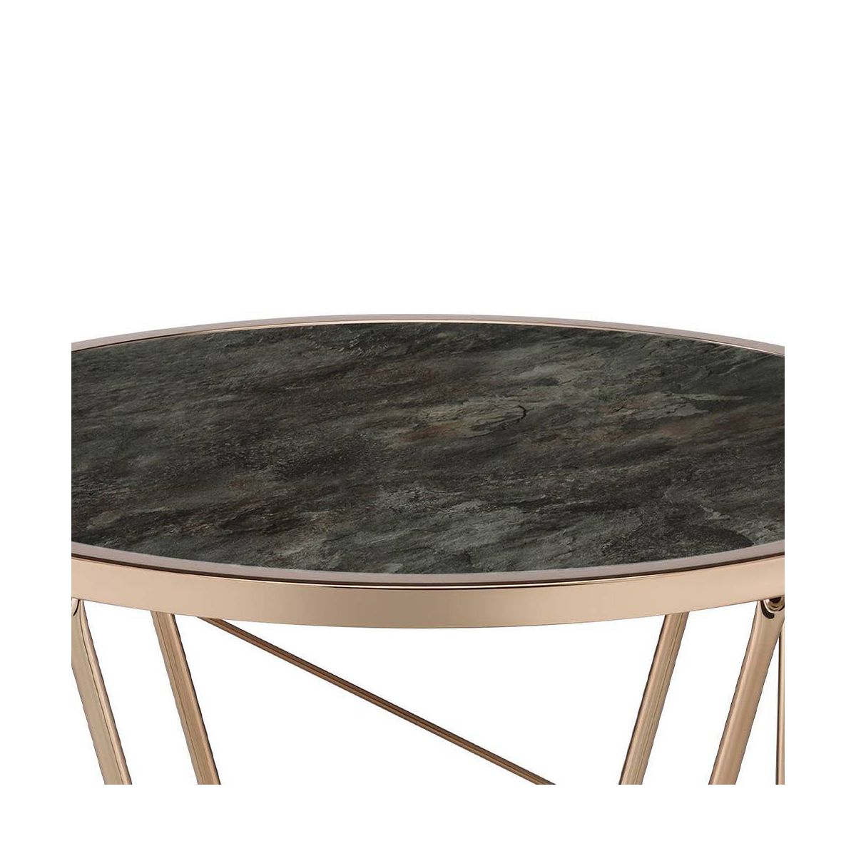 22" Cicatrix Accent Table Faux Black Marble Glass Top Champagne Finish - Acme Furniture: Round, No Assembly, Metal Frame - thumbnail 2