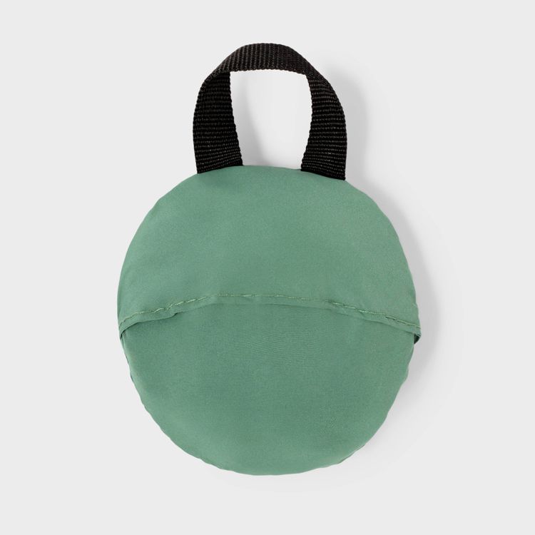 A round green colored pouch with a black handle on a light gray background.