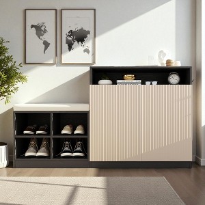 Mshliw Entryway Cabinet with Shoe Bench,2-Door 3-Tier Adjustable Shelves,4 Open Shoe Racks & Removable Cushion,Wavy Slatted Door Console with Hooks - 1 of 4