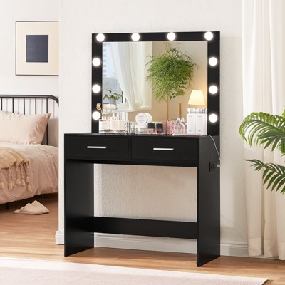 USIKEY Vanity Desk with Large Lighted Mirror, Makeup Vanity with 10 Lights, 2 Drawers & Power Strip, Vanity Desk