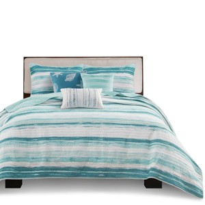 Gulches Green Modern Coastal Watercolor Stripe King Cal King 6 Piece Printed Quilt Set with Throw Pillows Blanket - 1 of 4