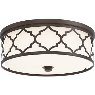 Possini Euro Design Modern Ceiling Light Flush Mount Fixture Oil Rubbed Bronze 16" Wide Opal Glass Drum Shade for Bedroom Kitchen