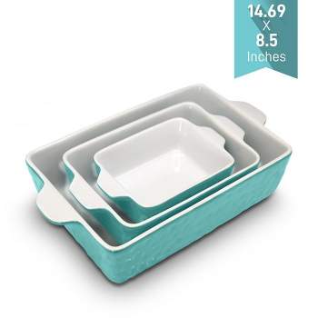 NutriChef 3Pcs. Nonstick Bakeware PFOA PFOS PTFE Tray Set w/Odor-Free Ceramic, 446°F Oven Microwave/Dishwasher Safe Rectangular Baking Pan, Aqua