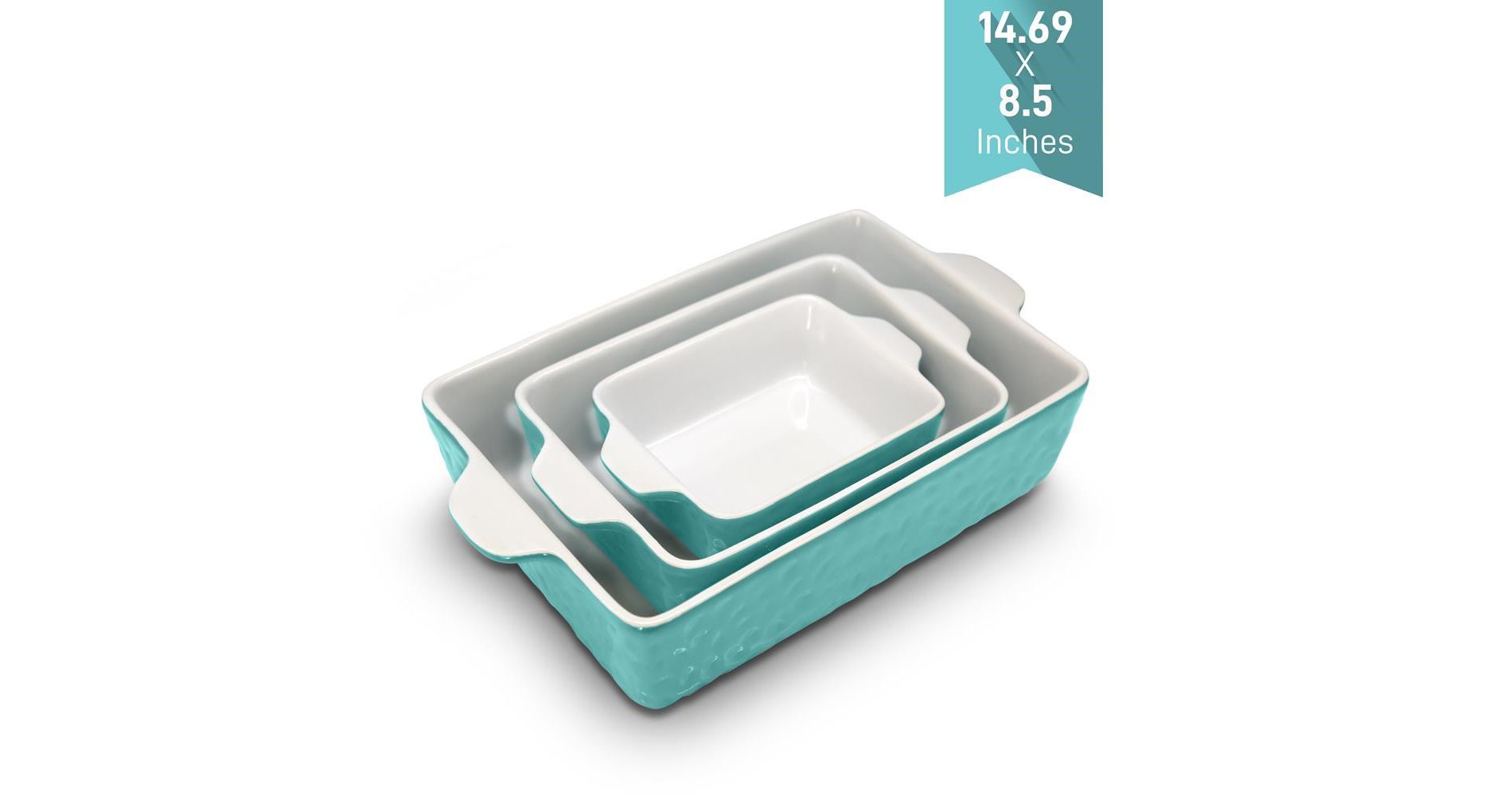 NutriChef 3Pcs. Nonstick Bakeware PFOA PFOS PTFE Tray Set w/Odor-Free Ceramic, 446°F Oven Microwave/Dishwasher Safe Rectangular Baking Pan, Aqua