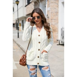Women's Open Front Cardigan Sweater with Pockets Long Sleeve Cable Knit Button Loose Cardigan Sweater - 1 of 4