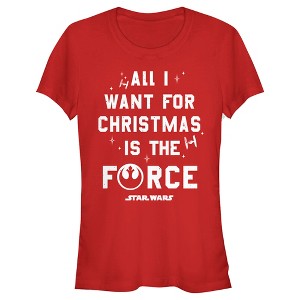 Juniors Womens Star Wars Christmas Want the Force T-Shirt - 1 of 3