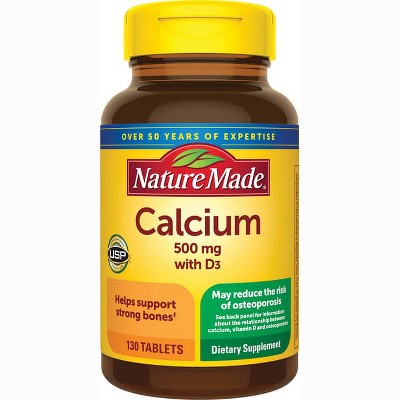 Nature Made Calcium 500 mg with Vitamin D3, Dietary Supplement for Bone Support, 130 Tablets.