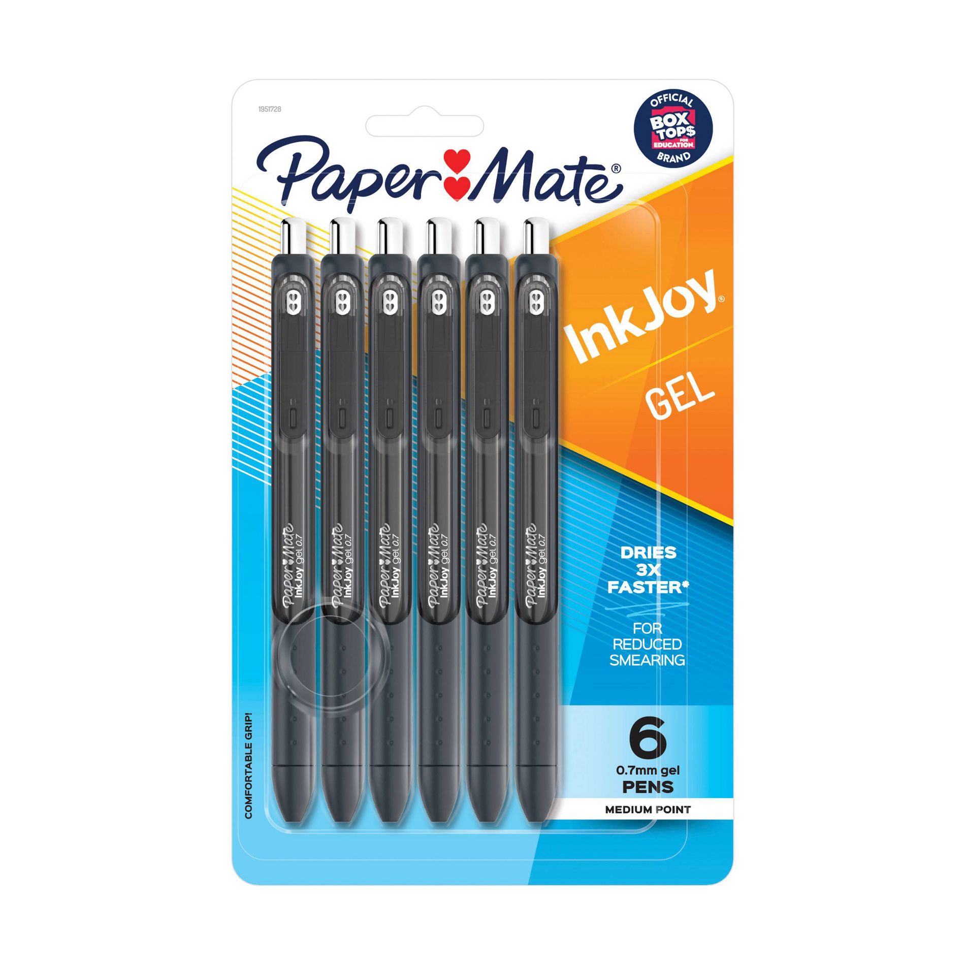 Paper Mate Ink Joy 6pk Gel Pens 0.7mm Medium Tip Black: Retractable Quick Drying Stationery with Pocket Clip