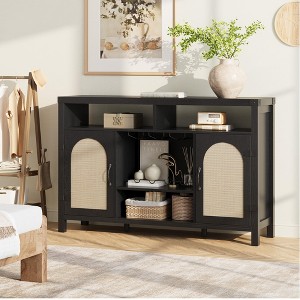 Farmhouse Wine Bar Cabinet, 52" Rattan Coffee Bar with Adjustable Storage Shelves - 1 of 4