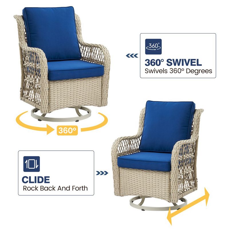 Whizmax 3-Piece Outdoor 360 Degree Swivel Rocking Chair Patio Set, Swivel Rocking Chair 2-Piece Set with Rattan Side Table, Blue Cushion, 4 of 9