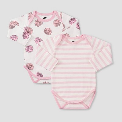 Image of Layette by Monica + Andy Baby Girls' 2pk Floral and Striped Long Sleeve Bodysuit - Pink Newborn