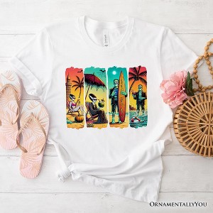 Frankenstein's Beach Vacation T-Shirt, Retro Neon Surf Style Tee for Horror Fans with Summer Vibes| OrnamentallyYou - 1 of 4