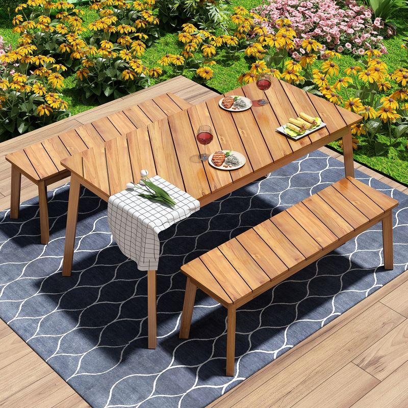 3pc Outdoor Patio Acacia Wood Table Bench Dining Set, Picnic Beer Table With 2 Benches 4A, Natural -ModernLuxe, 1 of 11