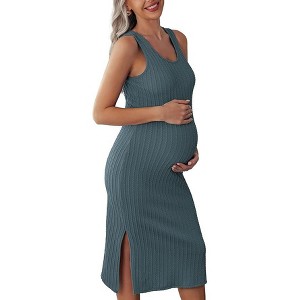 Ekouaer Women's Maternity Dress Rib Knit Sleeveless Tank Side Slit Bodycon Dresses Pregnancy Clothes - 1 of 2