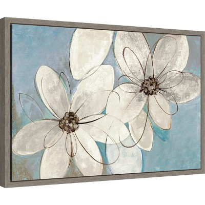 Silvia Vassileva Blue and Neutral Floral Canvas Print with Gray Frame