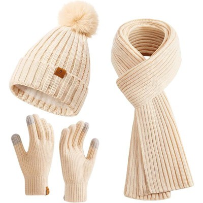 ZUPPAD Womens Long Scarf Gloves and Hat Set Cold Weather Hat Scarf Glove Set for Women Winter Beanie Hats with Pom Pom Hat and Glove Sets