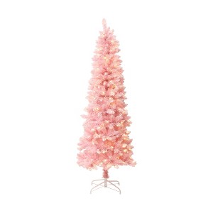 LuxenHome 6Ft Pink Pencil Artificial Tree with Warm White Lights and 8 Light Functions - 1 of 4
