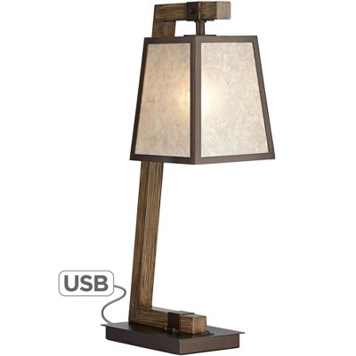 Franklin Iron Works Rustic Table Lamp with USB Charging Port Metal Base Light Mica Shade for Living Room Bedroom Nightstand Family