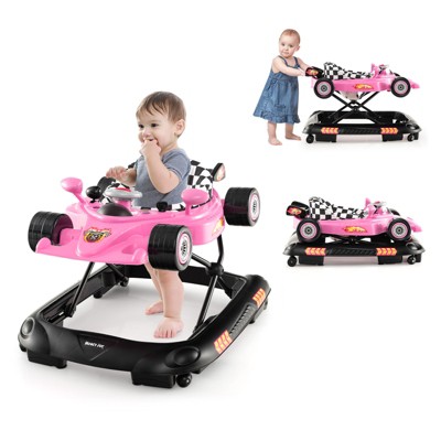Safstar 4-in-1 Baby Walker, Foldable Infant Activity Push Walker, w/Adjustable Heights, Music, Lights, Removable Tray, for 7-14 Months, Pink