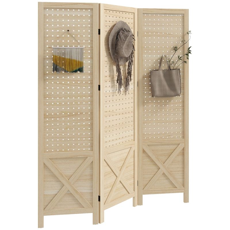 3 Panel Pegboard Display Room Divider,4.7" Tall Wood Indoor Portable Folding Privacy Screen,Partition Wall Divider-The Pop Home, 1 of 9