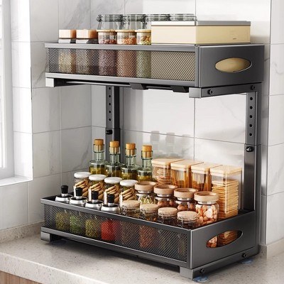 Kitchen Organizer under sink, 2-shelf sliding shelf with mesh drawers, multi-purpose organizer for kitchen, bathroom, pantry, office wardrobe