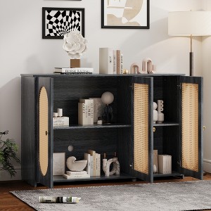TIRAMISUBEST Retro 3-Door Sideboard with Large Storage Space Artificial Rattan Doors and Metal Handles - Antique Black Mobile File... - 1 of 4