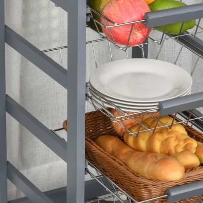 Gray Wooden Rolling Kitchen Cart with Storage Drawer and Baskets